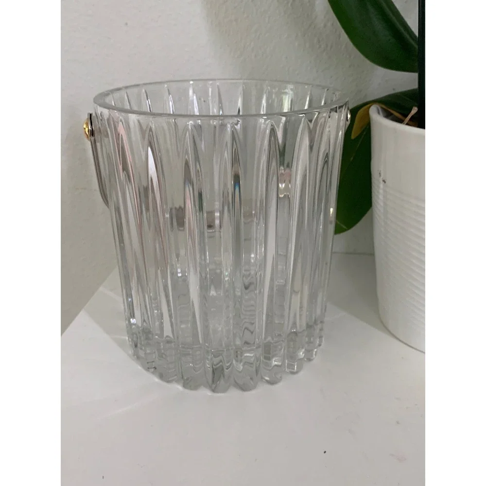 Vintage‎ Ribbed Crystal Glass Ice Bucket with Silver Swing Handle Clear Fluted